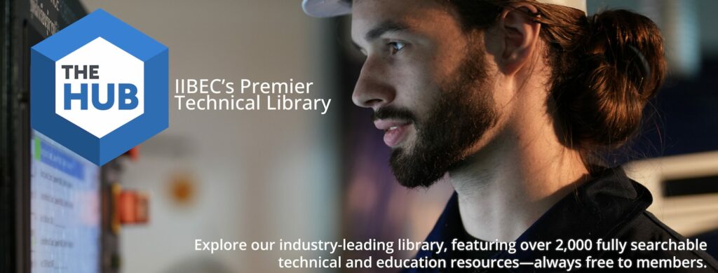 Banner showing man looking at computer screen representing The Hub, IIBEC's technical library.