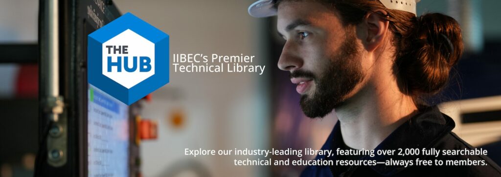 IIBEC's The Hub technical library logo of man looking at screen.