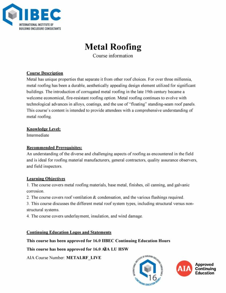 Cover page of Metal Roofing course.