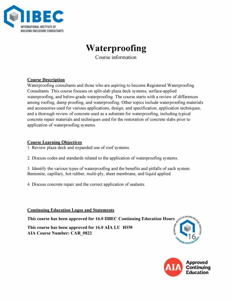 Cover page of Waterproofing course description.