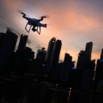 Drone over buildings.