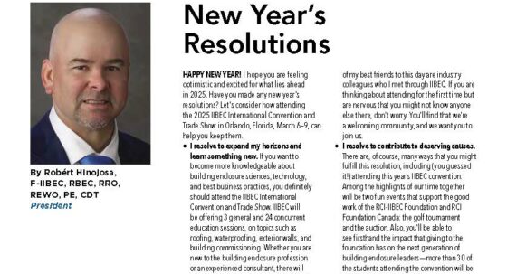 Two column IIBEC President's Message showing a headshot of Robert Hinojosa.