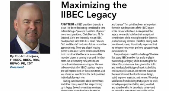 White cover page of IIBEC president's message showing headshot of Robert Hinojosa.