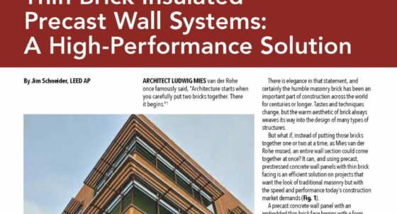 Red and white cover page showing brick building of article, 