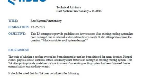 Cover page of IIBEC Technical Advisory 25-2025: Roof System Functionality.