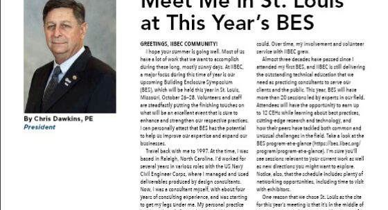 Cover of July/August 2025 IIBEC Interface President's Message: Meet Me in St. Louis at This Year's BES.