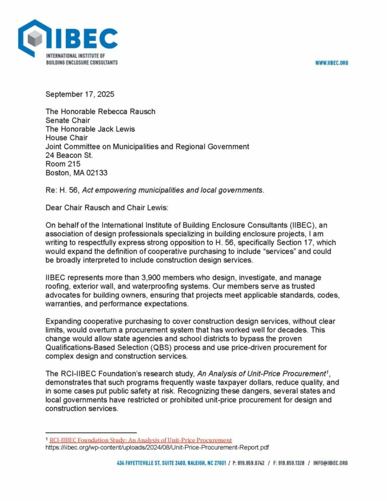 IIBEC has requested clarifying language in Massachusetts House Bill 56 (H.56), “An Act Empowering Municipalities and Local Governments,” which proposes to expand the authority of municipalities to engage in cooperative purchasing and other procurement activities.