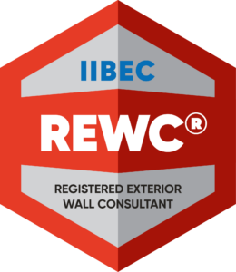 Red Registered Exterior Wall Consultant (REWC) badge.