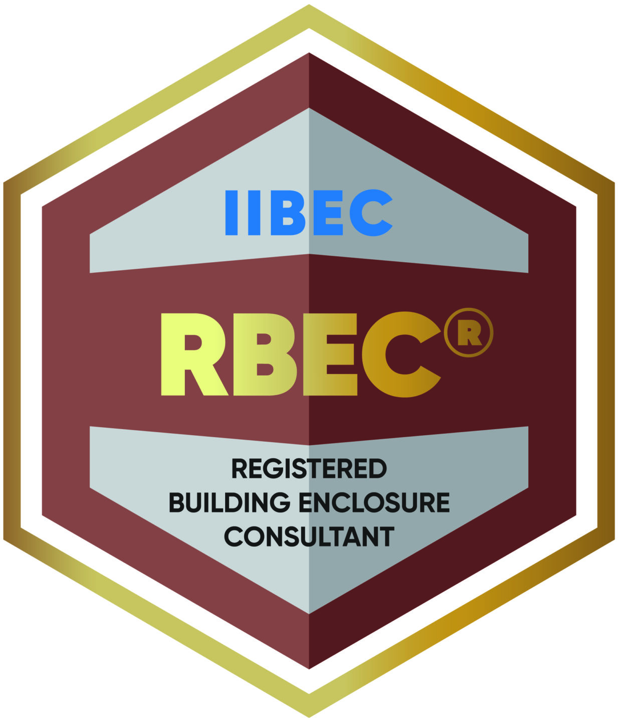 Brown and gold IIBEC Registered Building Enclosure Consultant badge.
